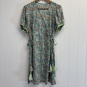 Handmade Cottage Prairie Trad‎ Wife Faux Wrap Midi Dress Size L Peasant Tassels